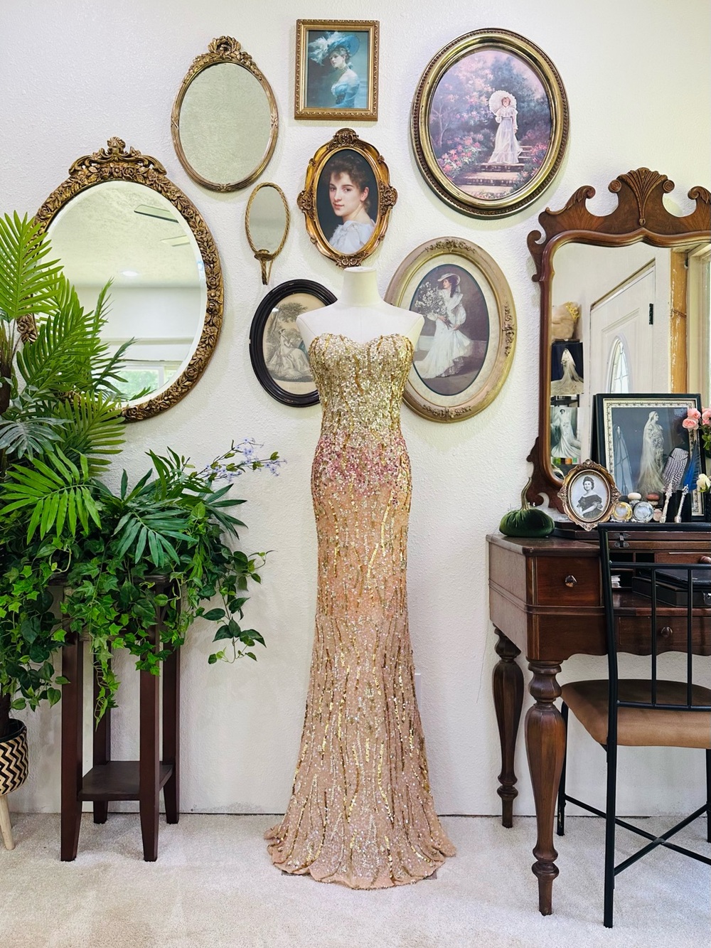 Scala Gold and Pink Sequin Strapless Maxi Gown